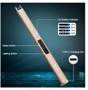 SUPRUS Electric Lighter Arc Windproof Flameless USB Lighter Rechargeable Lighter with Safety Lock for Candle BBQ Camping (Champagne Gold)
